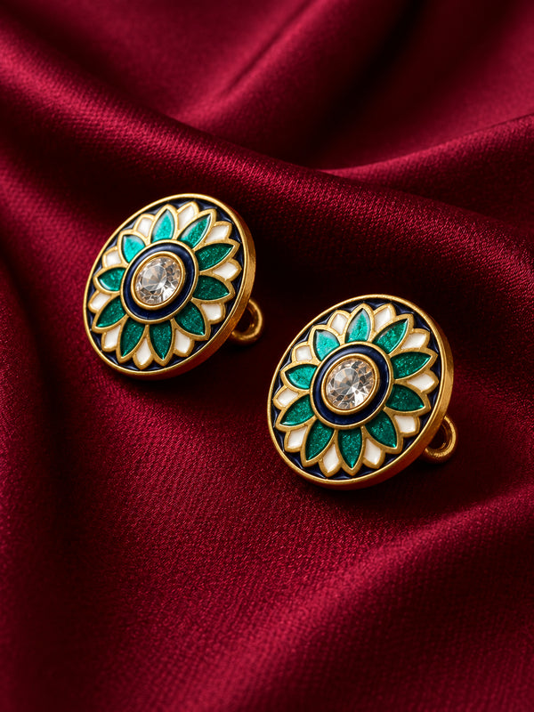 Emerald Green & Navy Lotus Blossom Enamel Buttons (Set of 13) | Gold Metal Buttons for Sherwani & Blazers