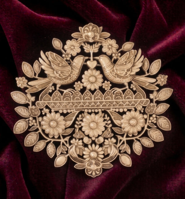 Folk Heritage Singing Doves Brooch | Antique Gold Floral Garden Mandala Pin