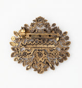 Folk Heritage Singing Doves Brooch | Antique Gold Floral Garden Mandala Pin