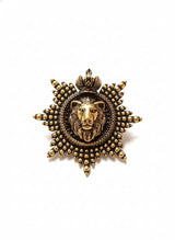 Imperial Lion Crest Antique Gold Brooch with Crown | Royal Starburst Medallion Pin