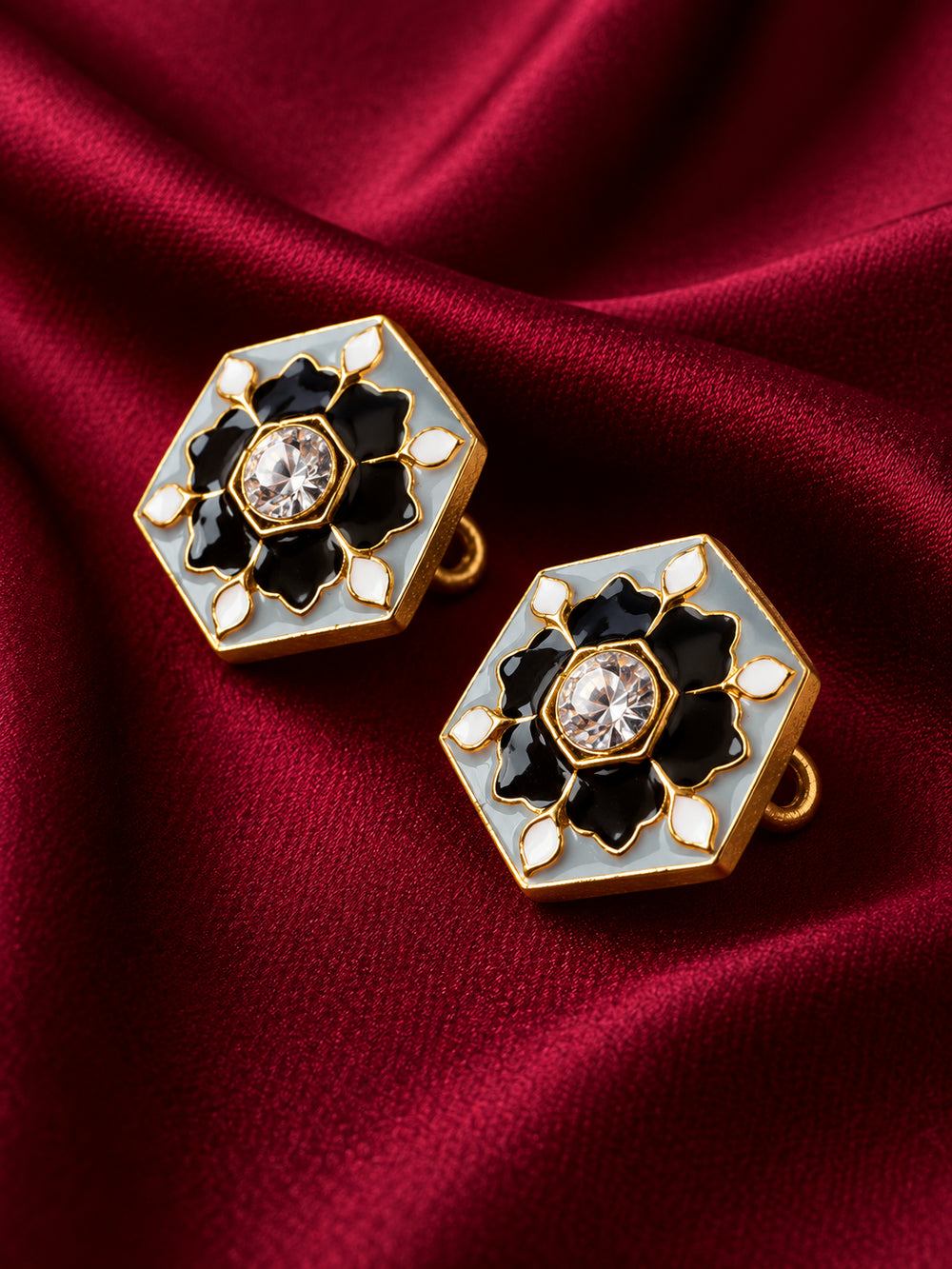 Hexagonal Monochrome Lotus Enamel Buttons (Set of 13) | Gold Tone Crystal Studs for Sherwani & Blazers