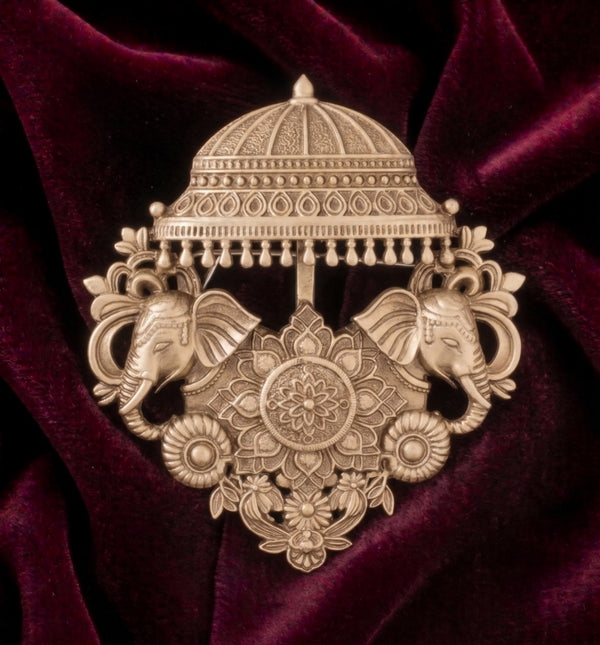 Imperial Royal Elephant Brooch with Chattri Canopy | Antique Gold Heritage Sherwani Pin