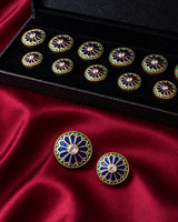 Royal Blue Starburst & Emerald Rim Enamel Buttons (Set of 13) | Premium Metal Buttons for Kurtas & Suits