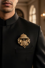 Imperial Royal Elephant Brooch with Chattri Canopy | Antique Gold Heritage Sherwani Pin