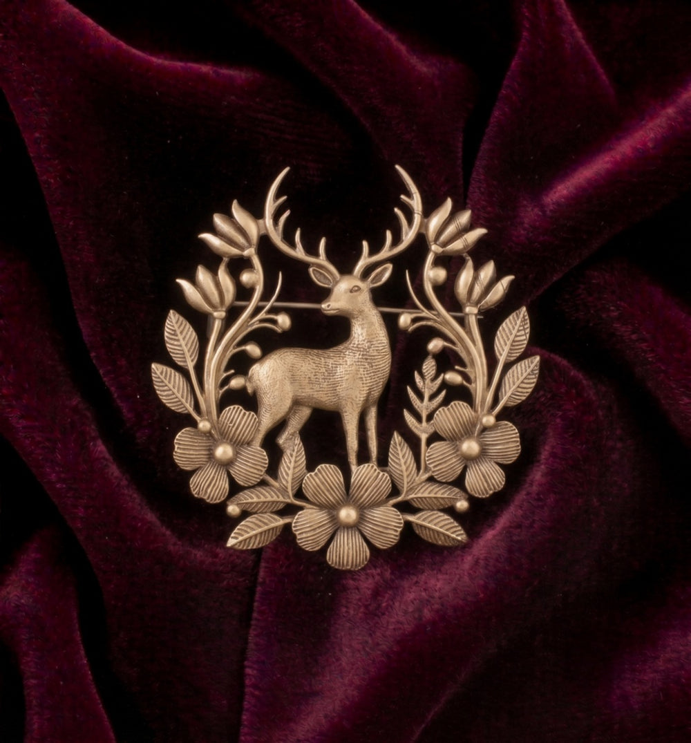 Royal Woodland Stag in Floral Wreath Brooch | Antique Gold Deer Lapel Pin