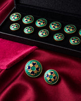 Emerald Green Textured Clover Enamel Buttons (Set of 13) | Gold Metal Buttons for Sherwani & Kurtas