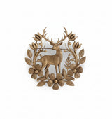 Royal Woodland Stag in Floral Wreath Brooch | Antique Gold Deer Lapel Pin