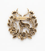 Royal Woodland Stag in Floral Wreath Brooch | Antique Gold Deer Lapel Pin
