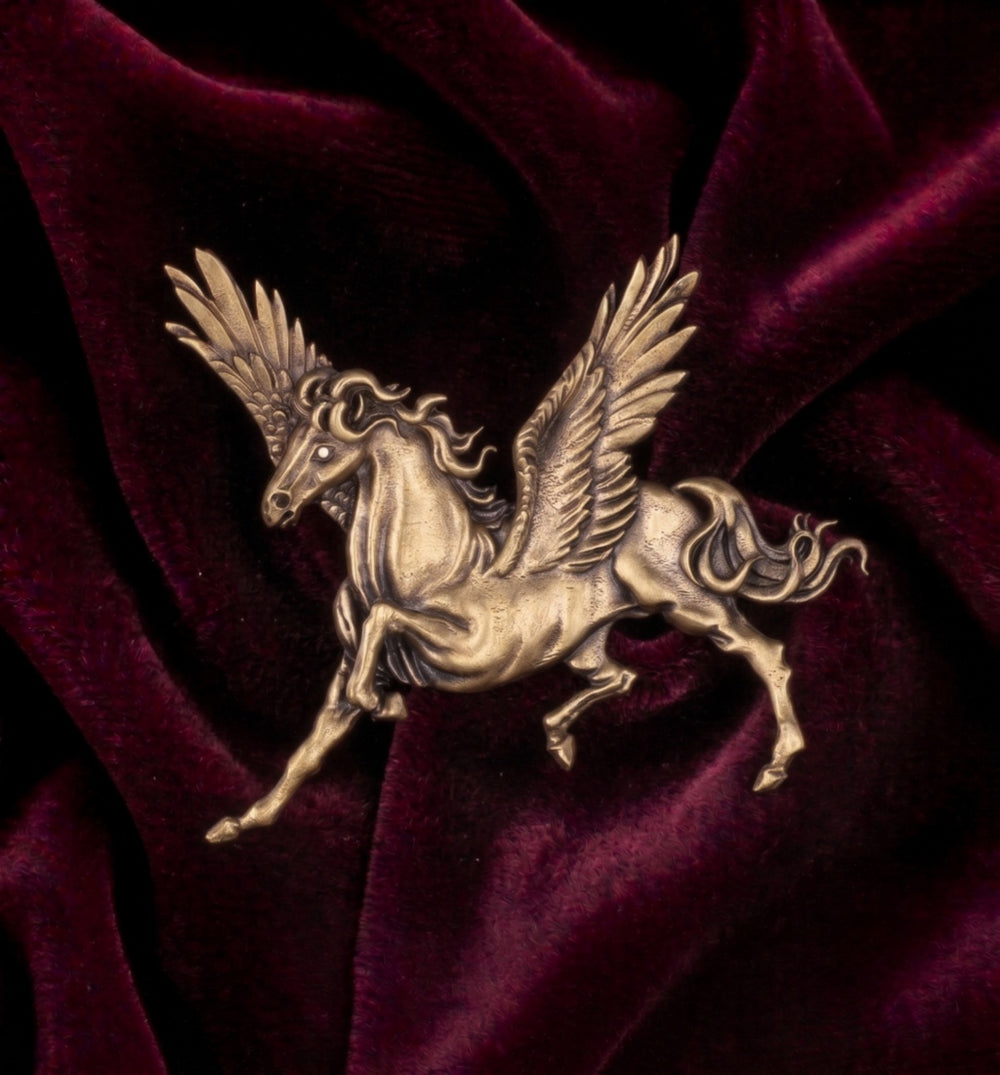 Winged Pegasus Antique Gold Brooch | Mythological Flying Stallion Lapel Pin