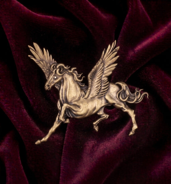 Winged Pegasus Antique Gold Brooch | Mythological Flying Stallion Lapel Pin