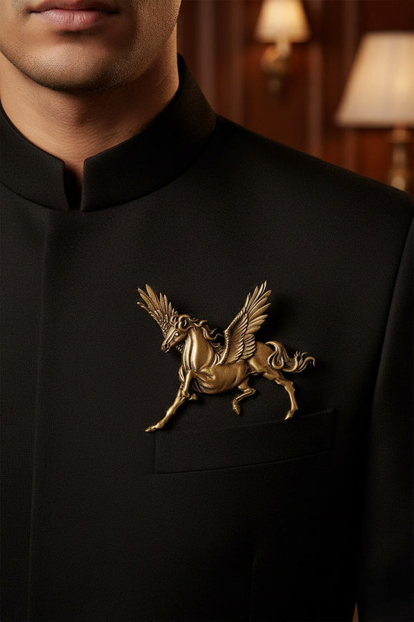 Winged Pegasus Antique Gold Brooch | Mythological Flying Stallion Lapel Pin