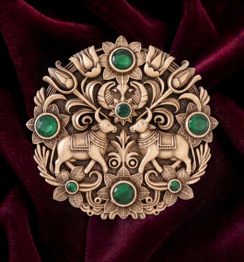 Sacred Twin Cow (Kamdhenu) Brooch with Emerald Green Stones | Antique Gold Temple Pin