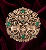 Sacred Twin Cow (Kamdhenu) Brooch with Emerald Green Stones | Antique Gold Temple Pin