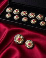 Black & Turquoise Kundan Buttons with Ruby Center (Set of 13) | Gold Metal Buttons for Sherwani