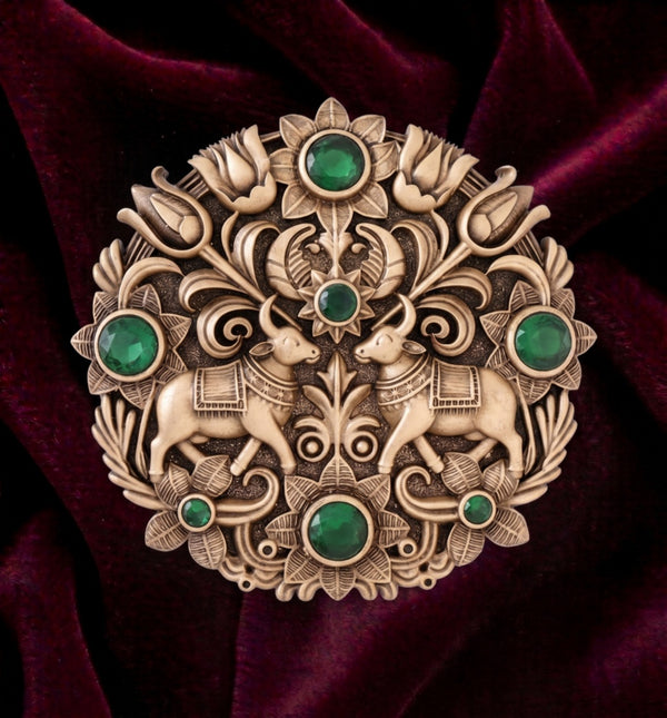 Sacred Twin Cow (Kamdhenu) Brooch with Emerald Green Stones | Antique Gold Temple Pin