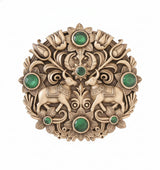 Sacred Twin Cow (Kamdhenu) Brooch with Emerald Green Stones | Antique Gold Temple Pin