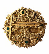 Sacred Twin Cow (Kamdhenu) Brooch with Emerald Green Stones | Antique Gold Temple Pin