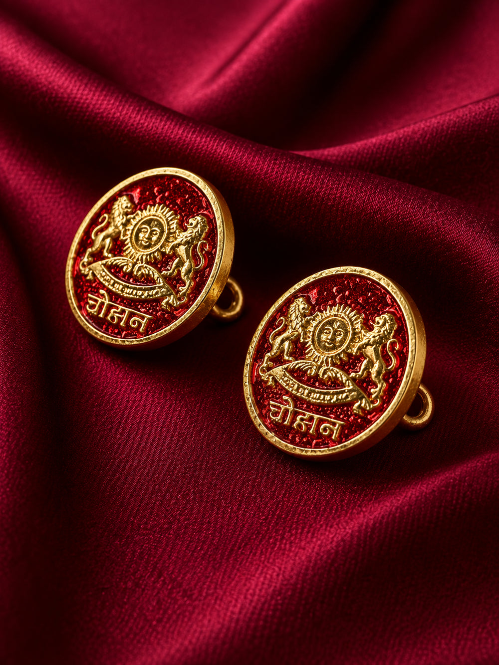 Royal Chauhan Sun & Lions Crest Buttons in Red Enamel (Set of 13) | Antique Gold Rajputana Buttons