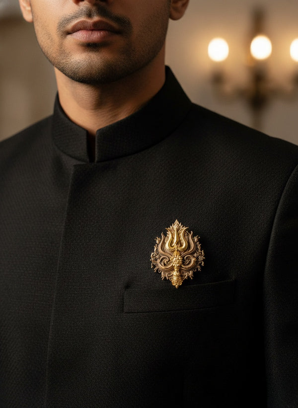 Sacred Shiva Trishul & Damru Brooch | Antique Gold Mahadev Divine Lapel Pin