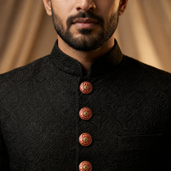 Antique Gold Arabesque Filigree Red Enamel Buttons (Set of 13) | Metal Buttons for Sherwani & Kurtas
