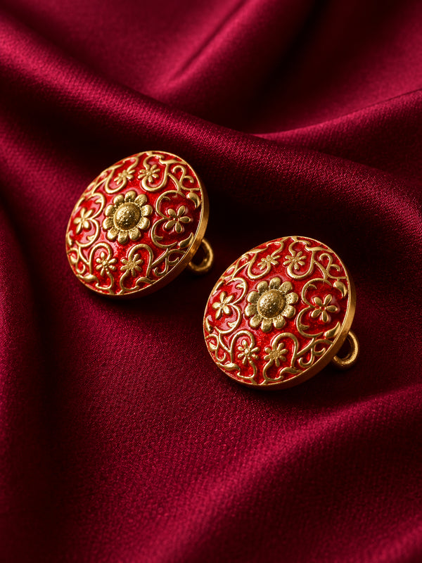 Antique Gold Arabesque Filigree Red Enamel Buttons (Set of 13) | Metal Buttons for Sherwani & Kurtas