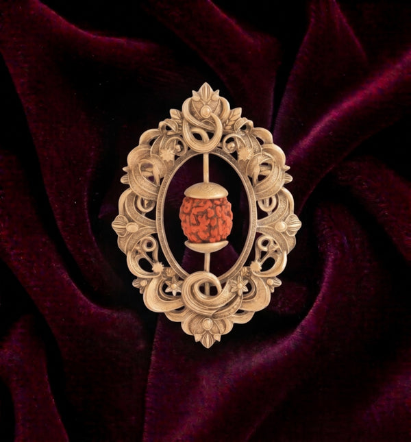 Sacred Rudraksha Bead Brooch in Antique Gold Frame | Mahadev Spiritual Lapel Pin