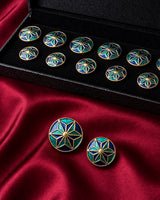 Geometric Starburst Emerald & Cobalt Blue Enamel Buttons (Set of 13) | Gold Metal Suit & Kurta Buttons