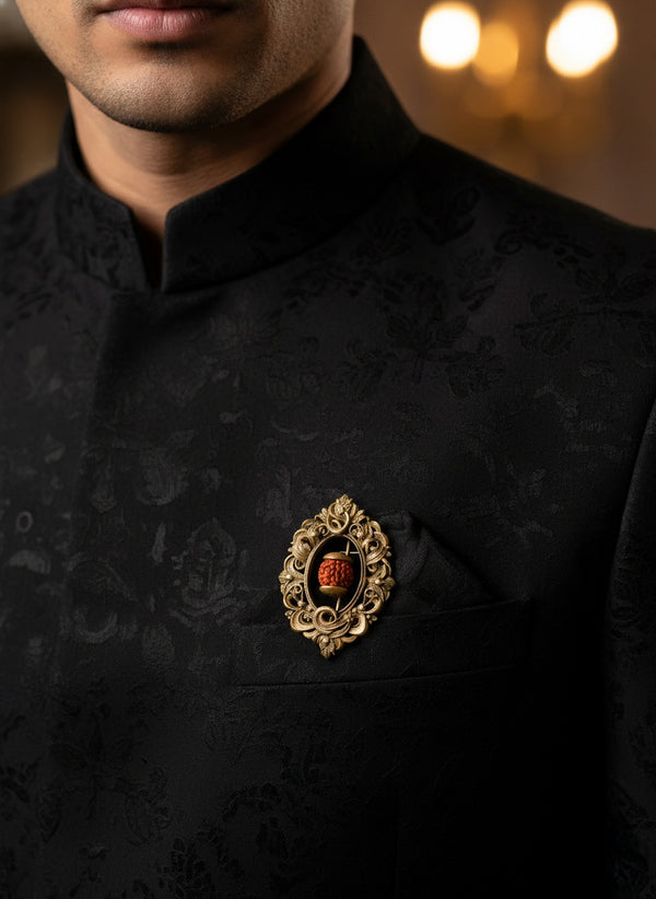 Sacred Rudraksha Bead Brooch in Antique Gold Frame | Mahadev Spiritual Lapel Pin