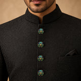 Geometric Starburst Emerald & Cobalt Blue Enamel Buttons (Set of 13) | Gold Metal Suit & Kurta Buttons