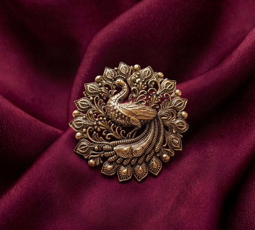 Antique Gold Peacock Filigree Brooch | Handcrafted Mayur Mandala Pin for Ethnic Wear