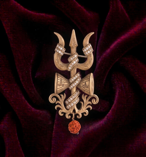 Antique Gold Shiva Trishul & Damru Brooch with Rudraksha Drop | Mahadev Lapel Pin for Men & Women