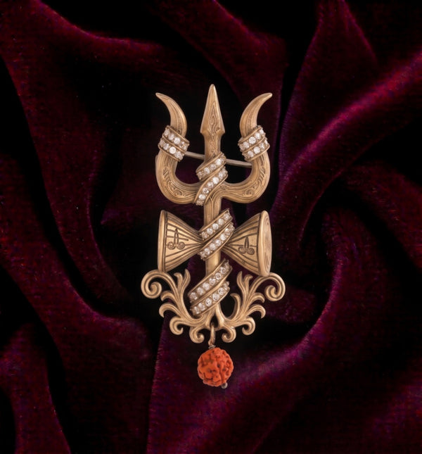 Antique Gold Shiva Trishul & Damru Brooch with Rudraksha Drop | Mahadev Lapel Pin for Men & Women
