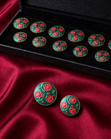 Emerald Green & Rose Pink Floral Enamel Buttons (Set of 13) | Handcrafted Gold Metal Sherwani & Kurta Buttons
