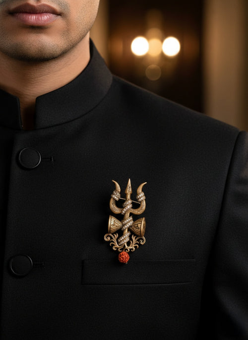 Antique Gold Shiva Trishul & Damru Brooch with Rudraksha Drop | Mahadev Lapel Pin for Men & Women
