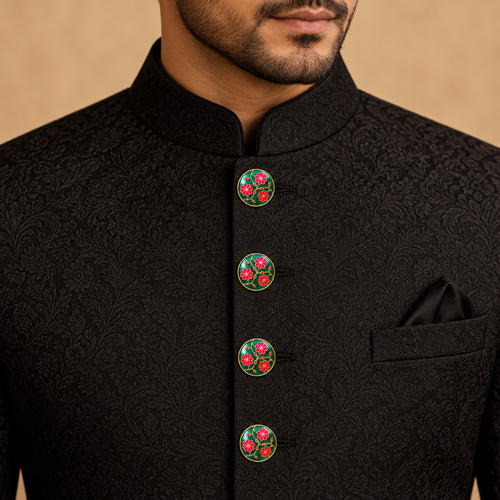 Emerald Green & Rose Pink Floral Enamel Buttons (Set of 13) | Handcrafted Gold Metal Sherwani & Kurta Buttons