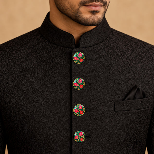 Emerald Green & Rose Pink Floral Enamel Buttons (Set of 13) | Handcrafted Gold Metal Sherwani & Kurta Buttons