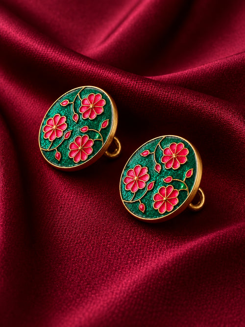 Emerald Green & Rose Pink Floral Enamel Buttons (Set of 13) | Handcrafted Gold Metal Sherwani & Kurta Buttons