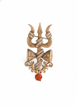 Antique Gold Shiva Trishul & Damru Brooch with Rudraksha Drop | Mahadev Lapel Pin for Men & Women