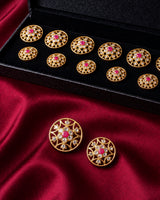 Royal Filigree Jali Gold Buttons with Ruby Center (Set of 13) | Kundan Style Buttons for Groom Sherwani & Kurtas