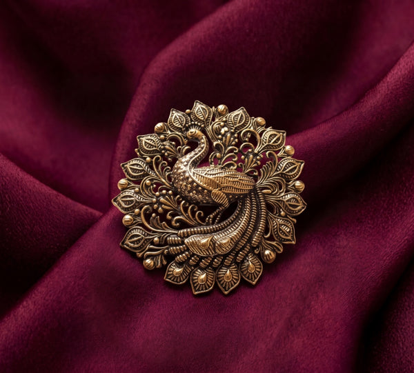 Antique Gold Peacock Filigree Brooch | Handcrafted Mayur Mandala Pin for Ethnic Wear