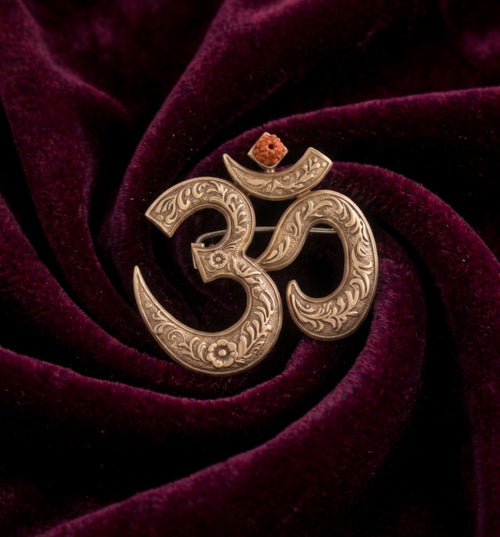 Antique Gold Carved Om Brooch with Rudraksha Bead | Sacred Aum Lapel Pin for Kurtas & Sarees