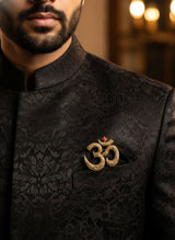 Antique Gold Carved Om Brooch with Rudraksha Bead | Sacred Aum Lapel Pin for Kurtas & Sarees
