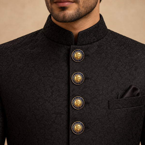 Royal Suryavanshi Sun Deity Navy Blue Buttons (Set of 13) | Antique Gold Rajputana Sherwani Buttons