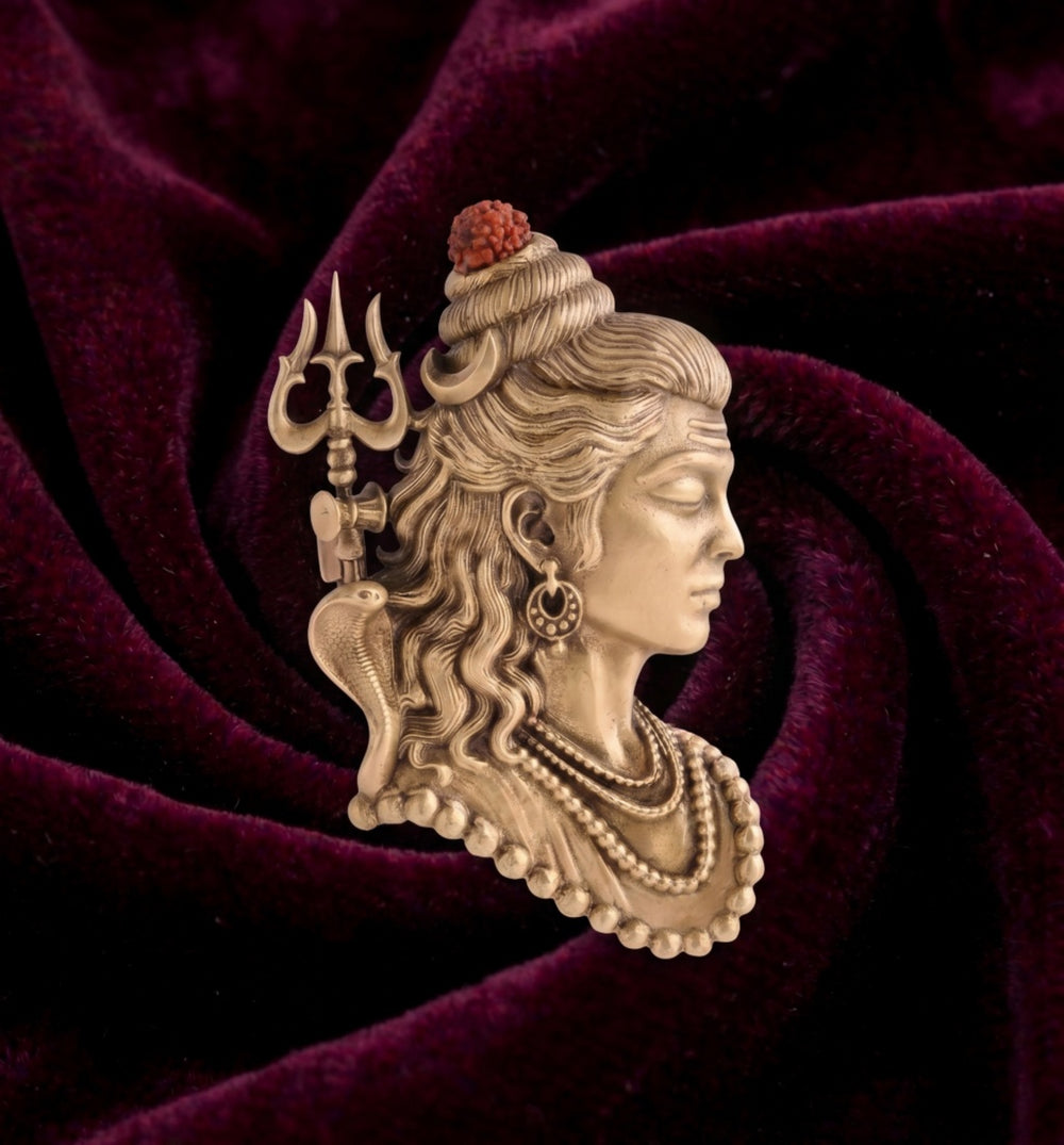 Sculpted Lord Shiva Bust Brooch with Trishul & Rudraksha | Antique Gold Adiyogi Lapel Pin