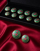 Teal Green Meenakari Garden Jaal Buttons (Set of 13) | Handcrafted Gold Metal Kurta & Sherwani Buttons