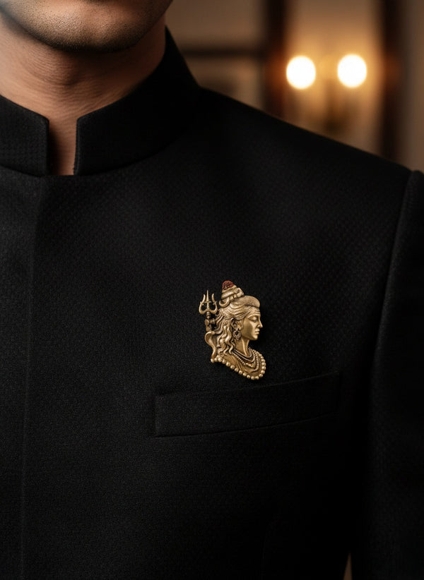 Sculpted Lord Shiva Bust Brooch with Trishul & Rudraksha | Antique Gold Adiyogi Lapel Pin
