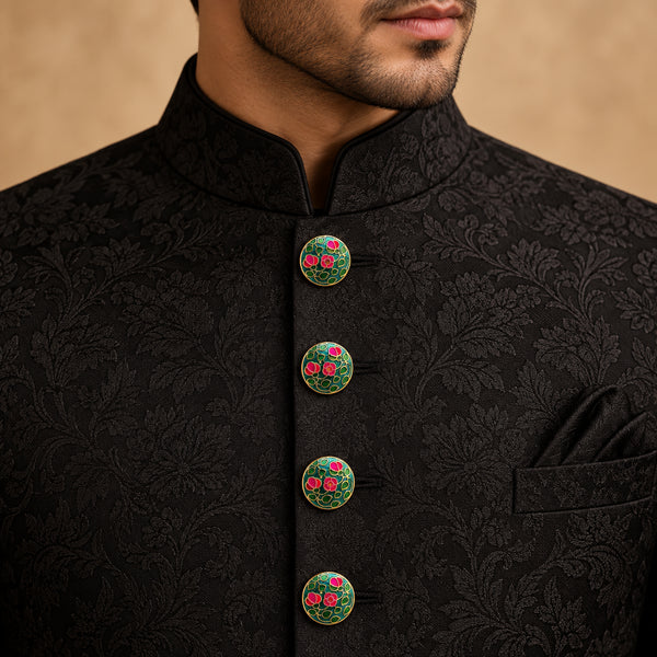 Teal Green Meenakari Garden Jaal Buttons (Set of 13) | Handcrafted Gold Metal Kurta & Sherwani Buttons
