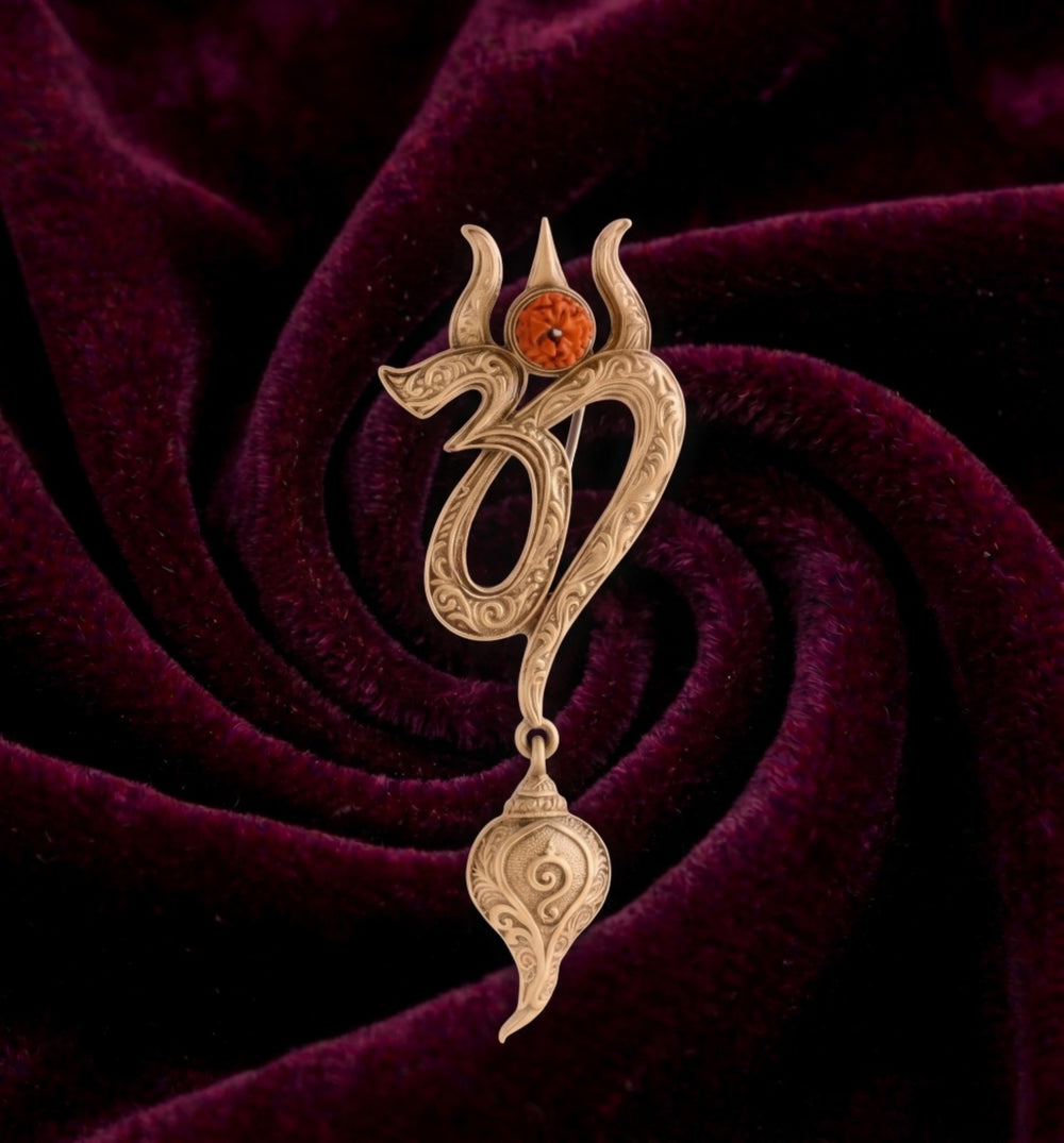Sacred Trishul Om Brooch with Shankh Drop | Antique Gold Spiritual Lapel Pin with Rudraksha