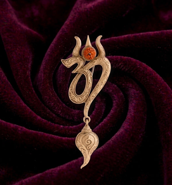 Sacred Trishul Om Brooch with Shankh Drop | Antique Gold Spiritual Lapel Pin with Rudraksha