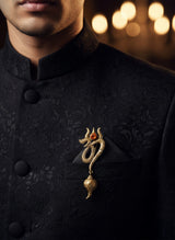 Sacred Trishul Om Brooch with Shankh Drop | Antique Gold Spiritual Lapel Pin with Rudraksha